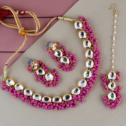 LUCKY JEWELLERY Back Meenakari 18k Gold Plated Magenta Color Tika Earring Combo Uncut Big Faux Kundan Choker Necklace set (796-J5SK-1811-R)
