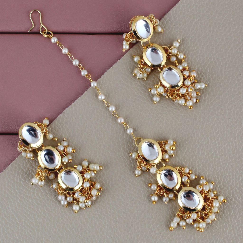 LUCKY JEWELLERY Back Meenakari 18k Gold Plated White Color Tika Earring Combo Uncut Big Faux Kundan Choker Necklace set (796-J5SK-1811-W)