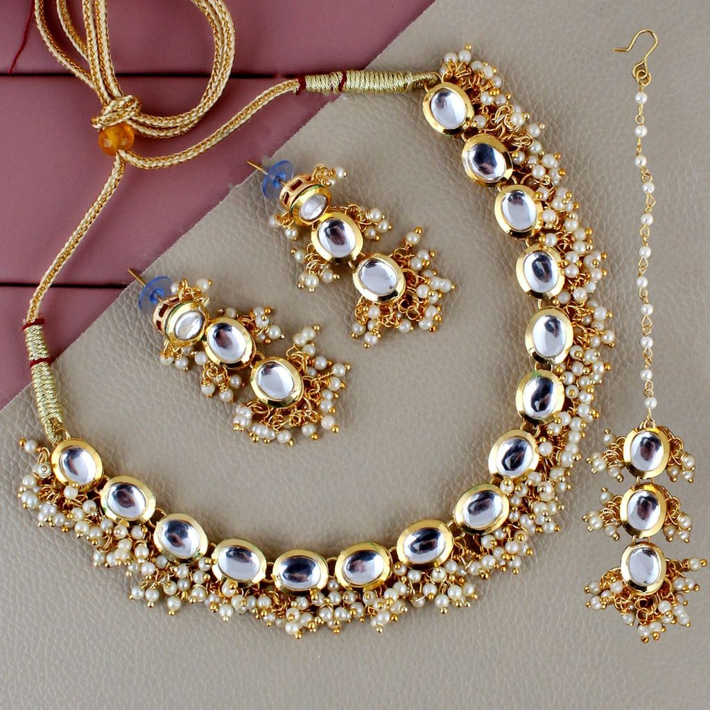 LUCKY JEWELLERY Back Meenakari 18k Gold Plated White Color Tika Earring Combo Uncut Big Faux Kundan Choker Necklace set (796-J5SK-1811-W)