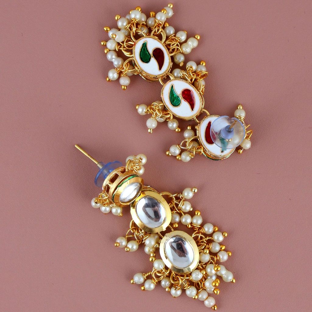 LUCKY JEWELLERY Back Meenakari 18k Gold Plated White Color Tika Earring Combo Uncut Big Faux Kundan Choker Necklace set (796-J5SK-1811-W)