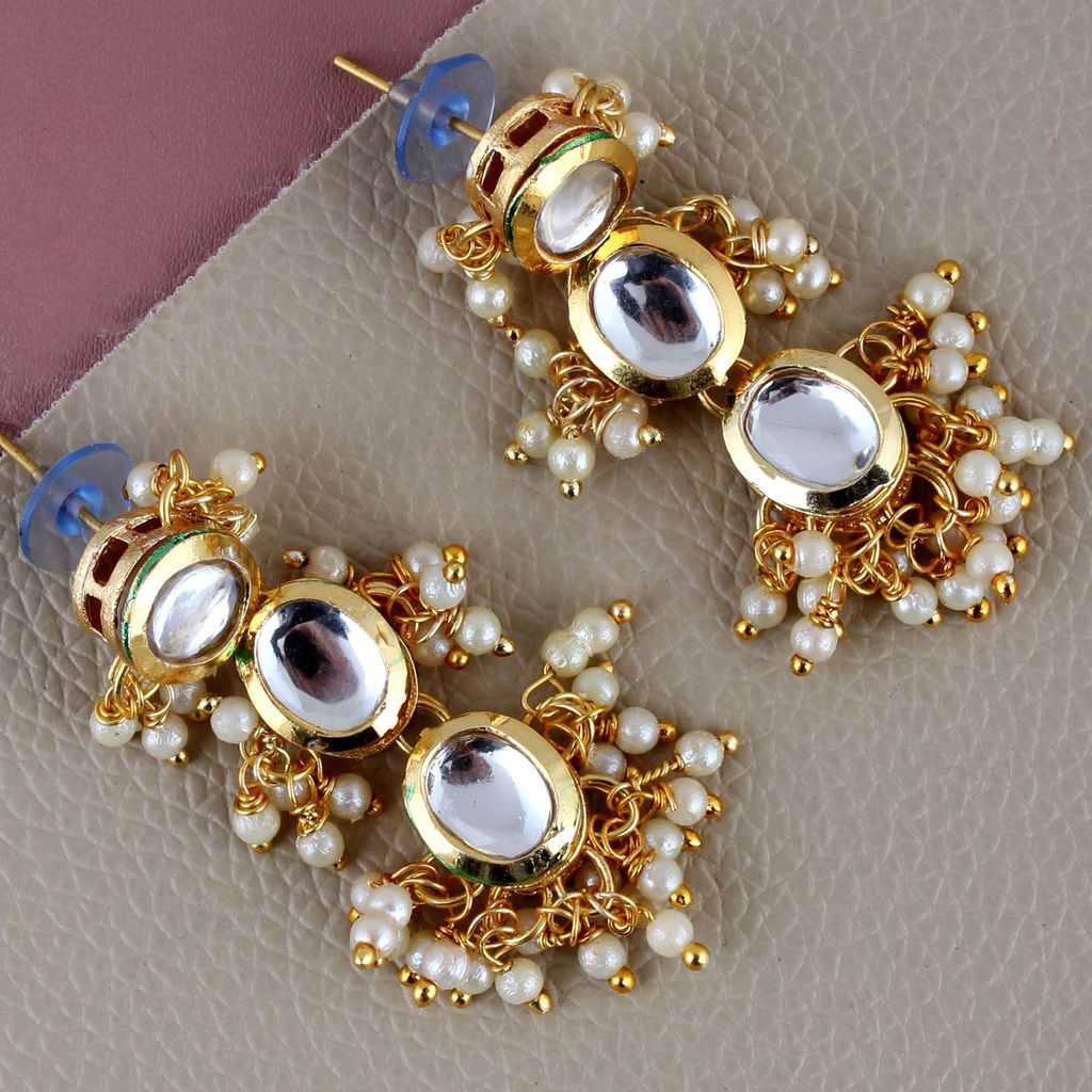 LUCKY JEWELLERY Back Meenakari 18k Gold Plated White Color Tika Earring Combo Uncut Big Faux Kundan Choker Necklace set (796-J5SK-1811-W)