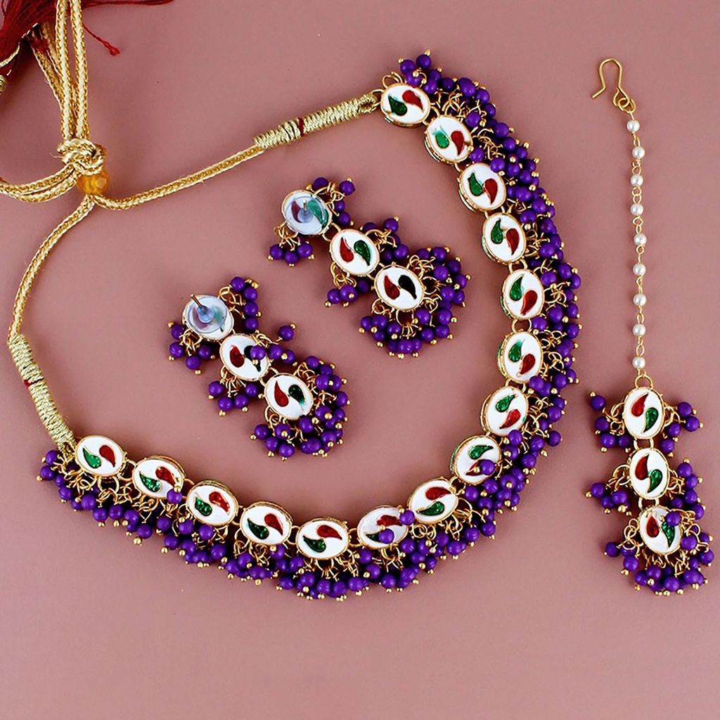 LUCKY JEWELLERY Back Meenakari 18k Gold Plated Purple Color Tika Earring Combo Uncut Big Faux Kundan Choker Necklace set (796-J5SK-1811-P)