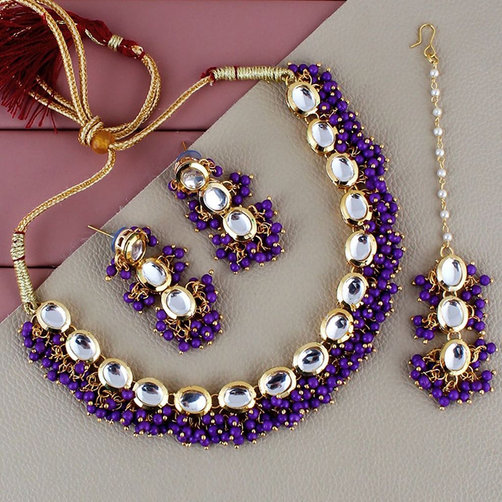 LUCKY JEWELLERY Back Meenakari 18k Gold Plated Purple Color Tika Earring Combo Uncut Big Faux Kundan Choker Necklace set (796-J5SK-1811-P)