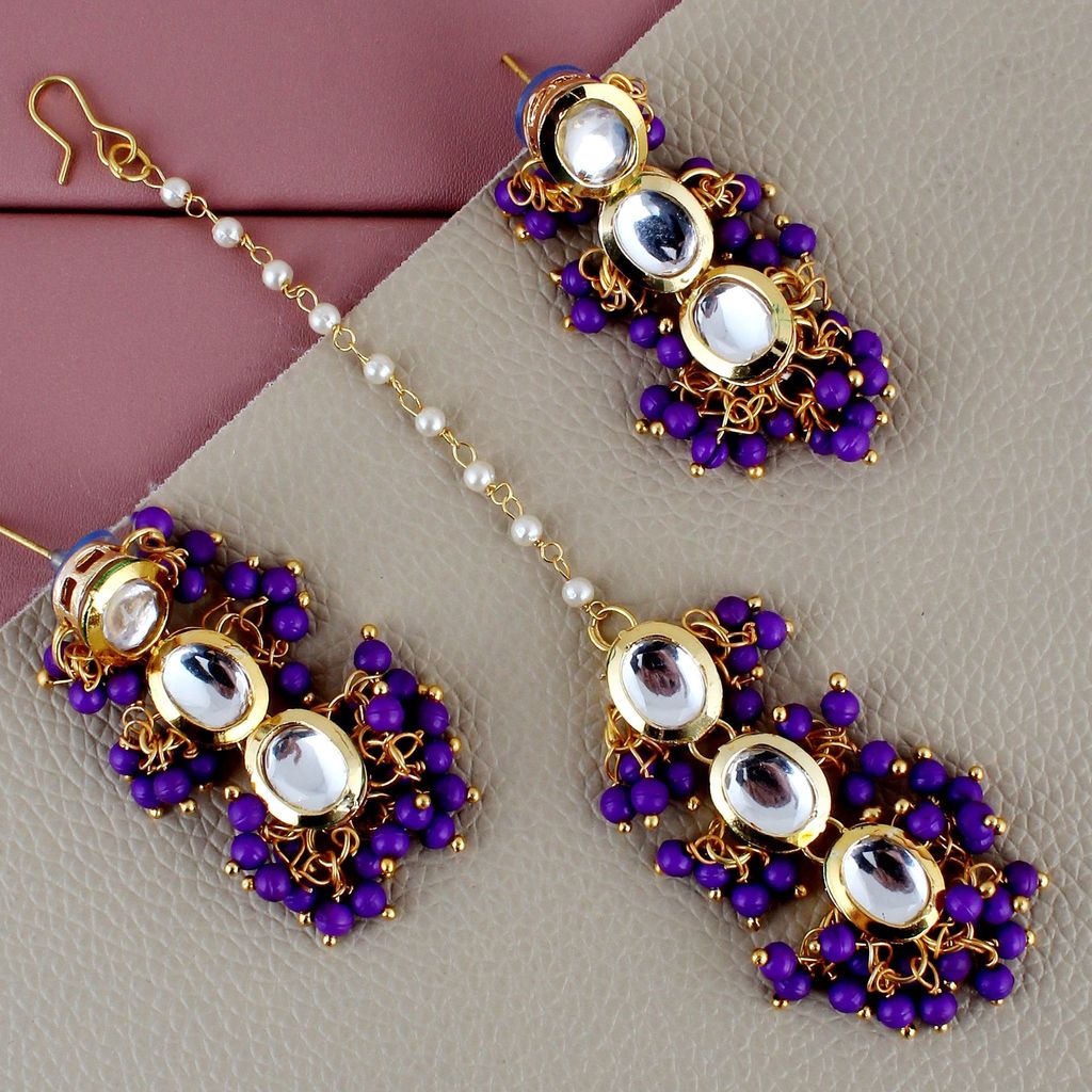 LUCKY JEWELLERY Back Meenakari 18k Gold Plated Purple Color Tika Earring Combo Uncut Big Faux Kundan Choker Necklace set (796-J5SK-1811-P)