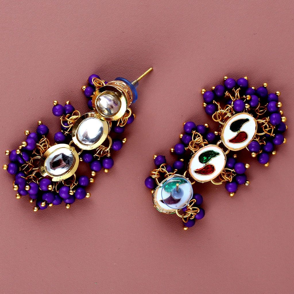 LUCKY JEWELLERY Back Meenakari 18k Gold Plated Purple Color Tika Earring Combo Uncut Big Faux Kundan Choker Necklace set (796-J5SK-1811-P)