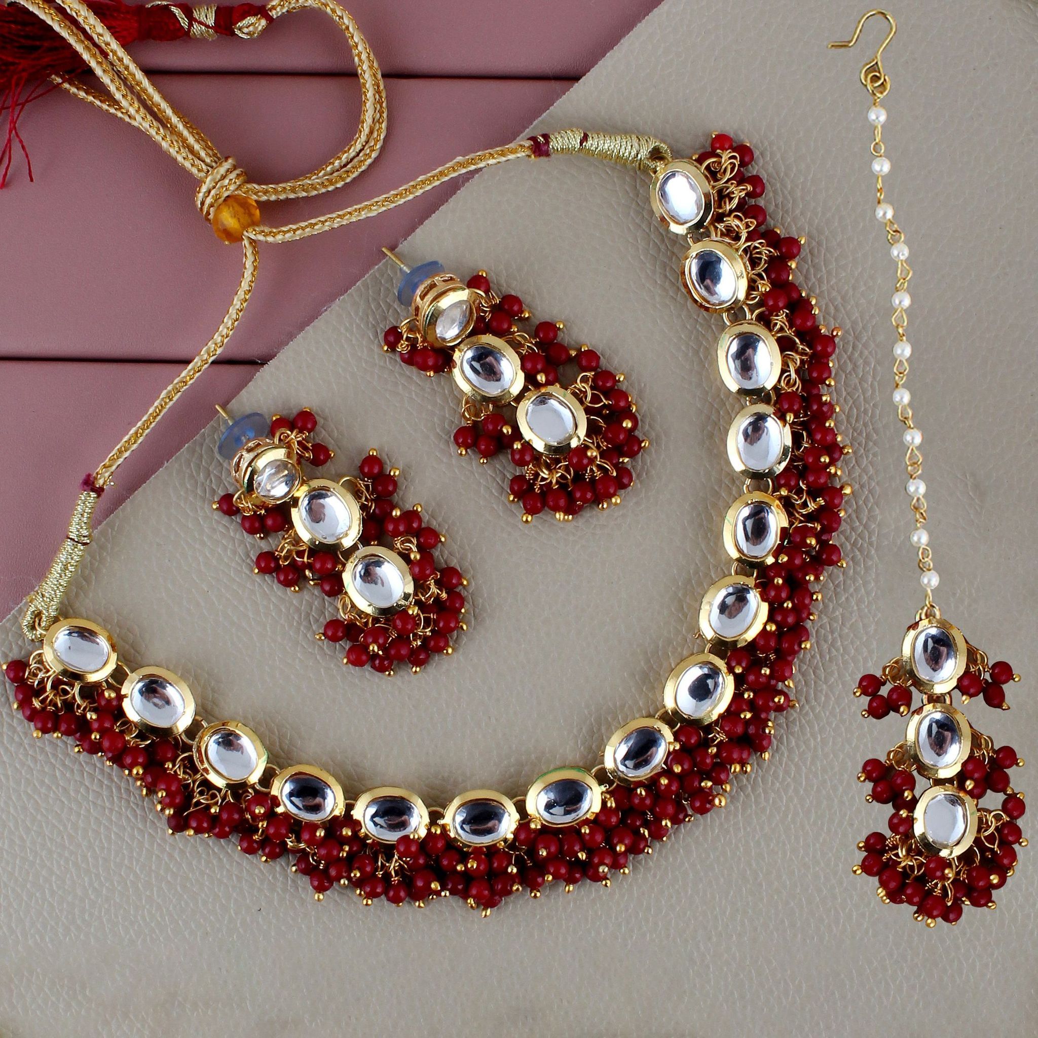 LUCKY JEWELLERY Back Meenakari 18k Gold Plated Maroon Color Tika Earring Combo Uncut Big Faux Kundan Choker Necklace set (796-J5SK-1811-M)
