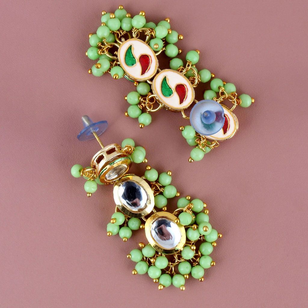 LUCKY JEWELLERY Back Meenakari 18k Gold Plated Light Green Color Tika Earring Combo Uncut Big Faux Kundan Choker Necklace set (796-J5SK-1811-LG)