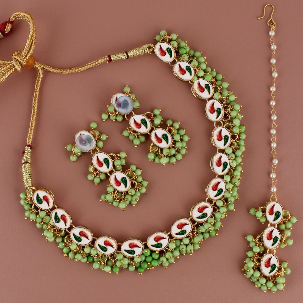 LUCKY JEWELLERY Back Meenakari 18k Gold Plated Light Green Color Tika Earring Combo Uncut Big Faux Kundan Choker Necklace set (796-J5SK-1811-LG)