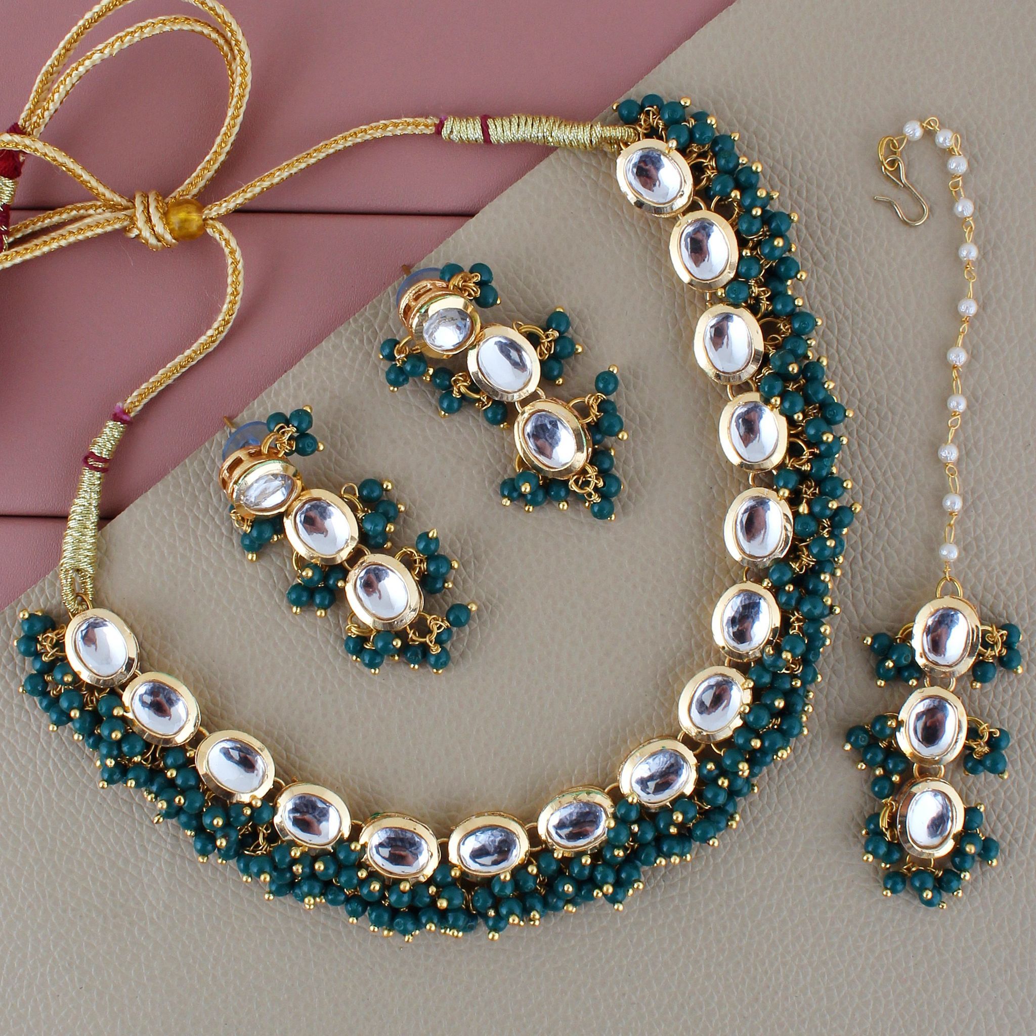 LUCKY JEWELLERY Back Meenakari 18k Gold Plated Green Color Tika Earring Combo Uncut Big Faux Kundan Choker Necklace set (796-J5SK-1811-G)