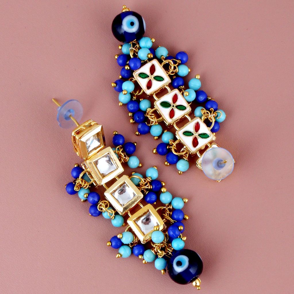 LUCKY JEWELLERY Back Meenakari 18k Gold Plated Blue Color Tika Earring Combo Uncut Big Faux Kundan Choker Necklace set (990-J5SK-1664-EE)