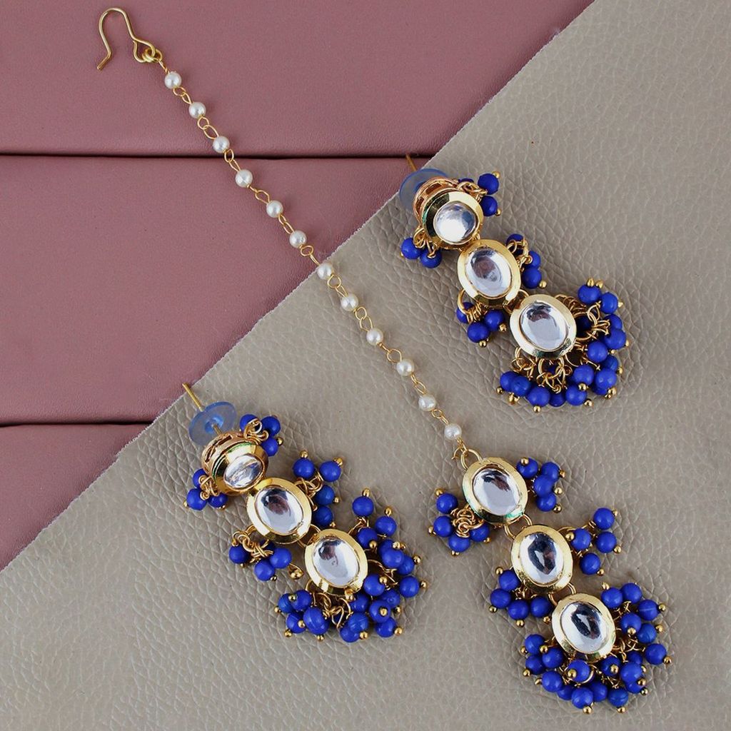 LUCKY JEWELLERY Back Meenakari 18k Gold Plated Blue Color Tika Earring Combo Uncut Big Faux Kundan Choker Necklace set (796-J5SK-1811-B)