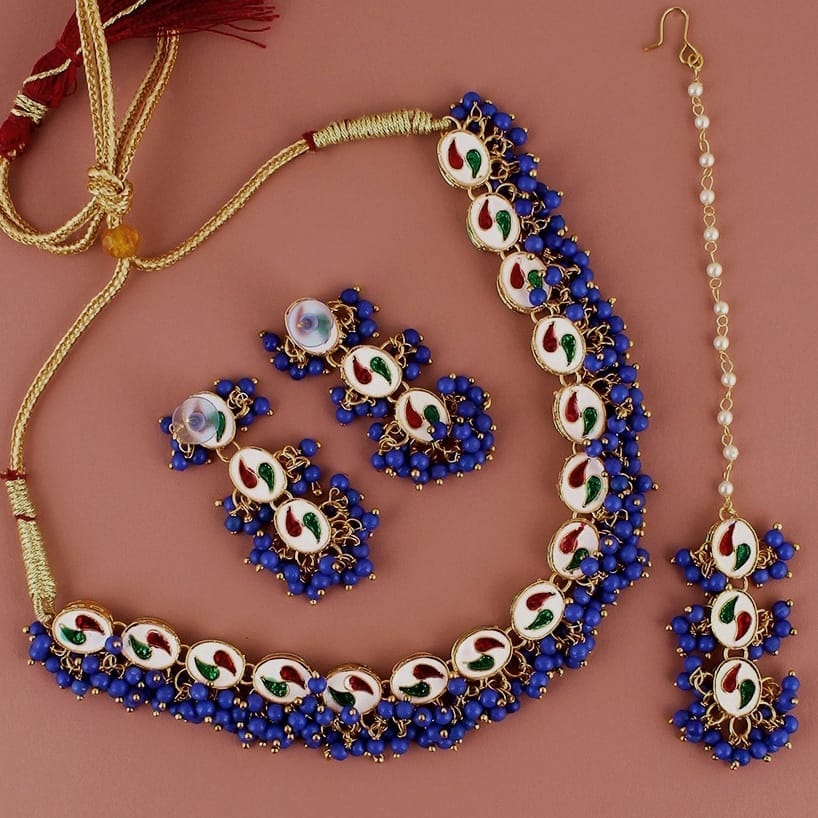 LUCKY JEWELLERY Back Meenakari 18k Gold Plated Blue Color Tika Earring Combo Uncut Big Faux Kundan Choker Necklace set (796-J5SK-1811-B)
