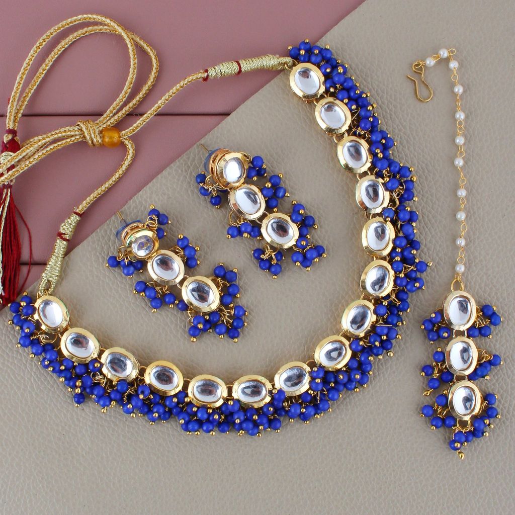 LUCKY JEWELLERY Back Meenakari 18k Gold Plated Blue Color Tika Earring Combo Uncut Big Faux Kundan Choker Necklace set (796-J5SK-1811-B)