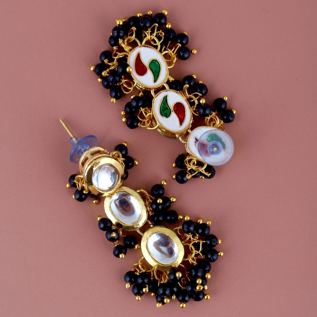LUCKY JEWELLERY Back Meenakari 18k Gold Plated Black Color Tika Earring Combo Uncut Big Faux Kundan Choker Necklace set (796-J5SK-1811-BL)