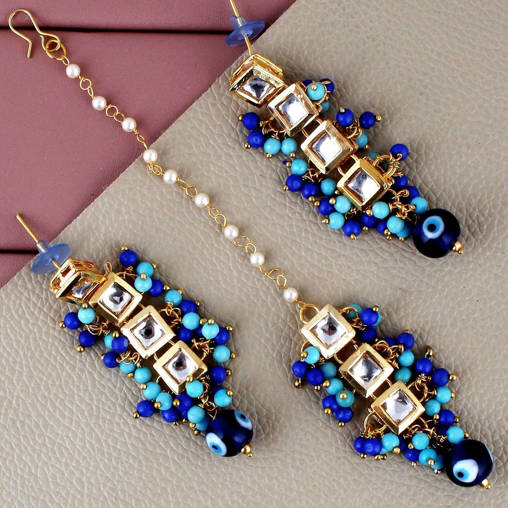 LUCKY JEWELLERY Back Meenakari 18k Gold Plated Blue Color Tika Earring Combo Uncut Big Faux Kundan Choker Necklace set (990-J5SK-1664-EE)