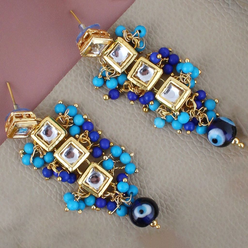 LUCKY JEWELLERY Back Meenakari 18k Gold Plated Blue Color Tika Earring Combo Uncut Big Faux Kundan Choker Necklace set (990-J5SK-1664-EE)