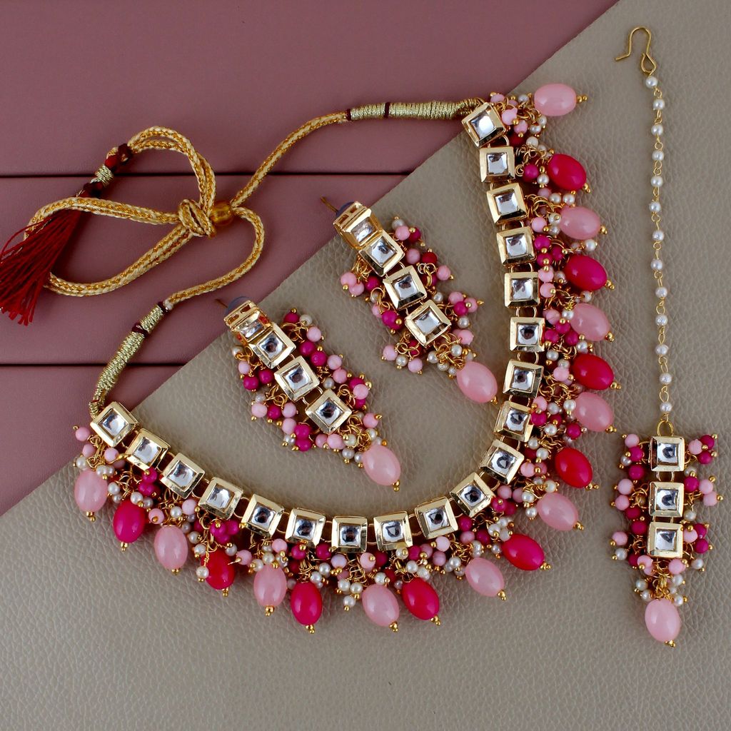 LUCKY JEWELLERY Back Meenakari 18k Gold Plated Multi Color Tika Earring Combo Uncut Big Faux Kundan Choker Necklace set (660-J5SK-1664-PKR) - Jewellery Sets | Buy online on ZillyBuy