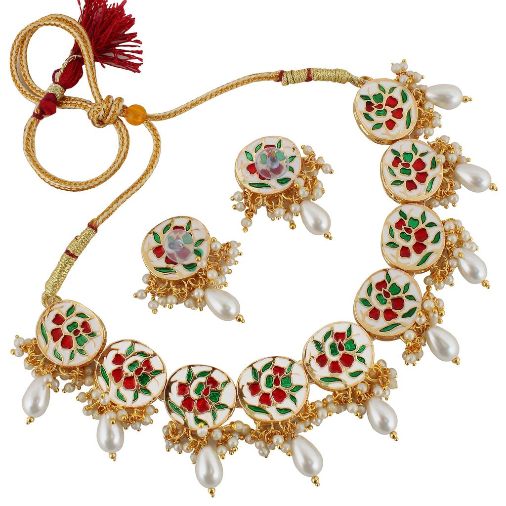 Lucky Jewellery Meenakari 18k Gold Plated White Color Earring Combo Uncut Big Faux Kundan Necklace set (1010-J5SK-1816-W)