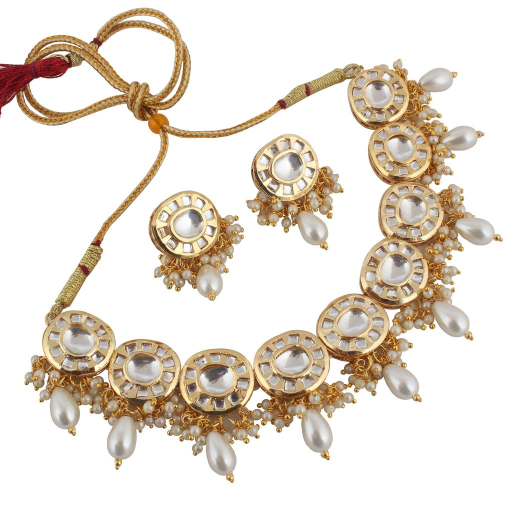 Lucky Jewellery Meenakari 18k Gold Plated White Color Earring Combo Uncut Big Faux Kundan Necklace set (1010-J5SK-1816-W)