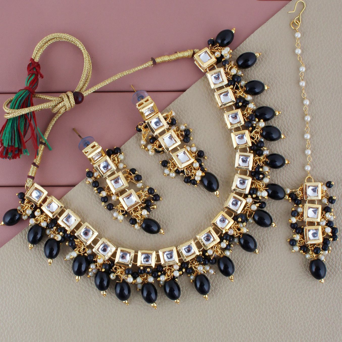 LUCKY JEWELLERY Back Meenakari 18k Gold Plated Black Color Tika Earring Combo Uncut Big Faux Kundan Choker Necklace set (660-J5SK-1664-BL)
