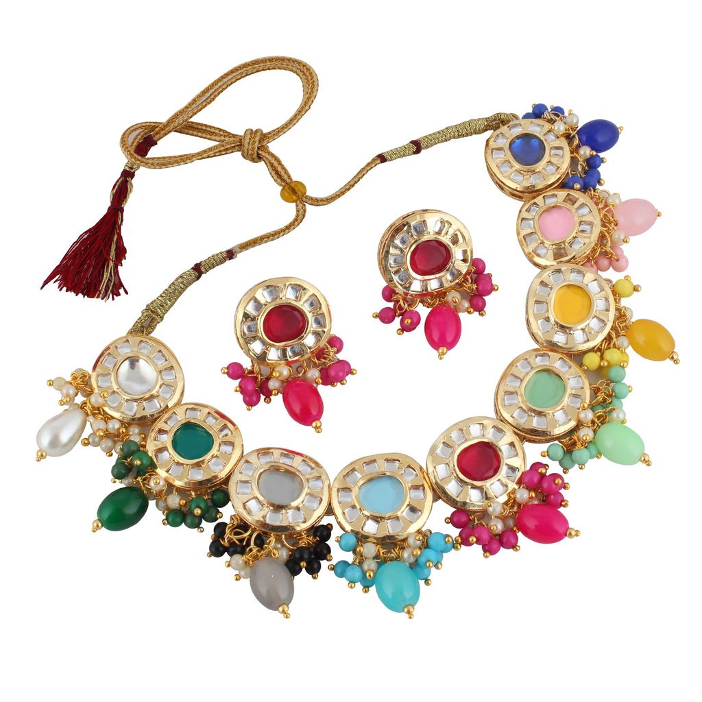 Lucky Jewellery Meenakari 18k Gold Plated Multi Color Earring Combo Uncut Big Faux Kundan Choker Necklace set (1010-J5SK-1816-MT)