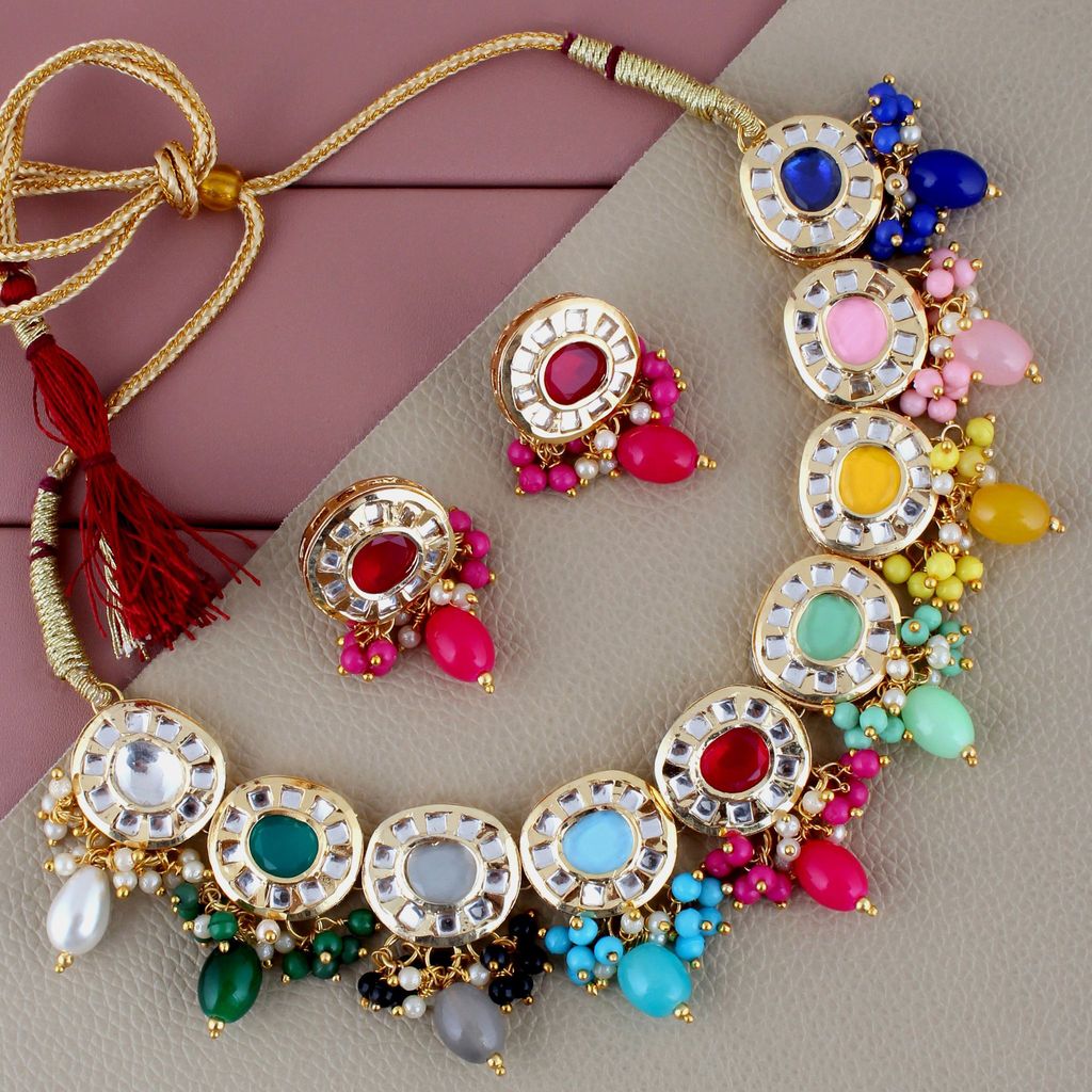 Lucky Jewellery Meenakari 18k Gold Plated Multi Color Earring Combo Uncut Big Faux Kundan Choker Necklace set (1010-J5SK-1816-MT)