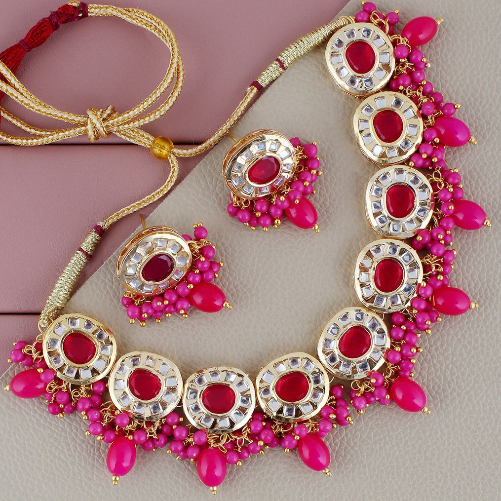 Lucky Jewellery Meenakari 18k Gold Plated Magenta Color Earring Combo Uncut Big Faux Kundan Necklace set (1010-J5SK-1816-R)