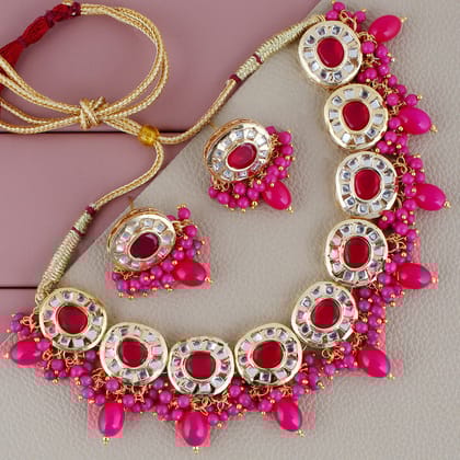 Lucky Jewellery Meenakari 18k Gold Plated Magenta Color  Earring Combo Uncut Big Faux Kundan Necklace set (1010-J5SK-1816-R)