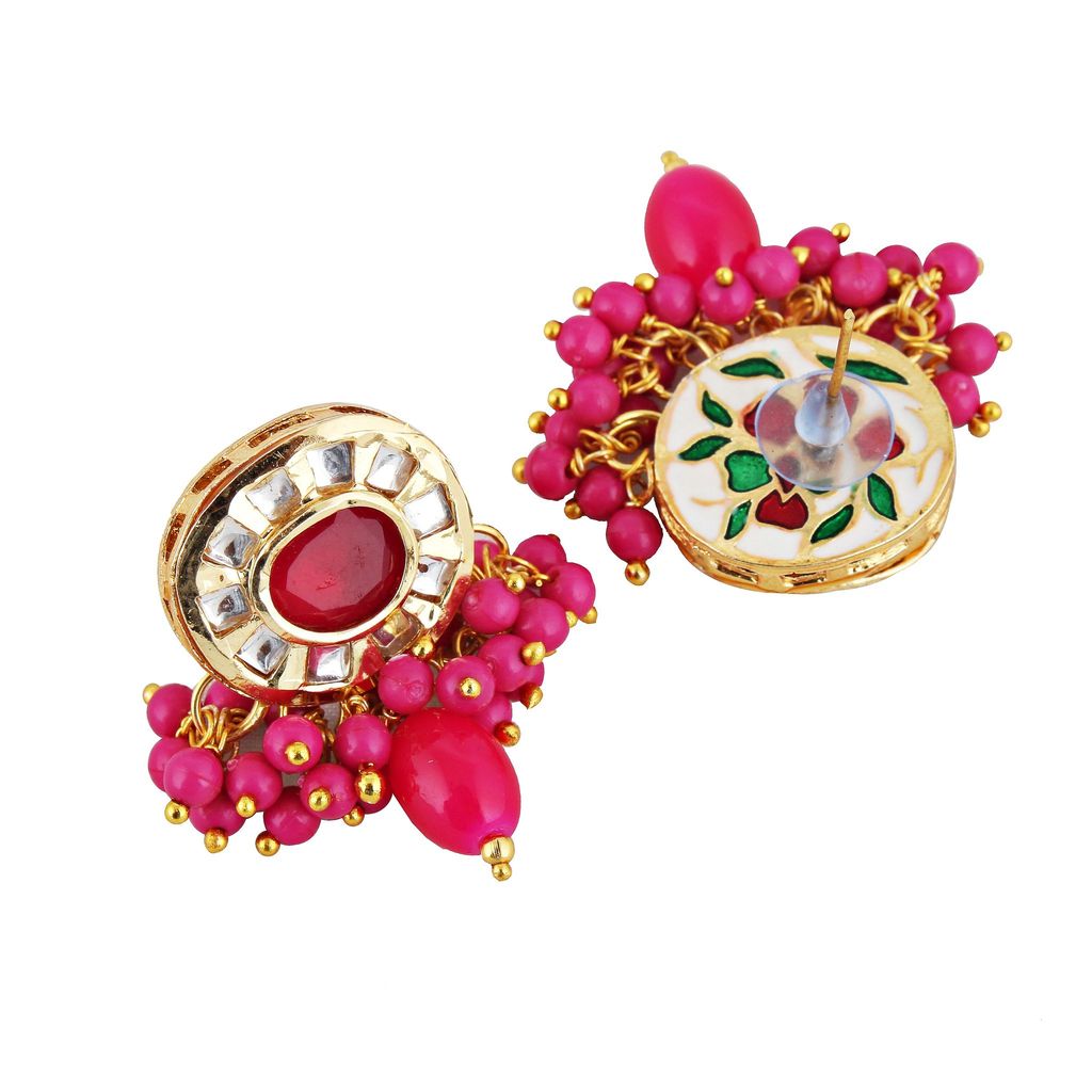 Lucky Jewellery Meenakari 18k Gold Plated Magenta Color Earring Combo Uncut Big Faux Kundan Necklace set (1010-J5SK-1816-R)