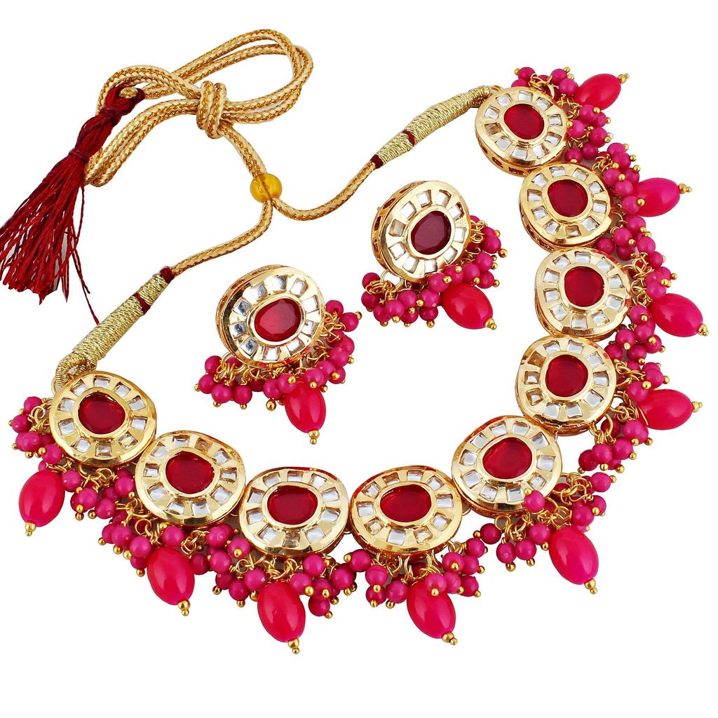 Lucky Jewellery Meenakari 18k Gold Plated Magenta Color Earring Combo Uncut Big Faux Kundan Necklace set (1010-J5SK-1816-R)