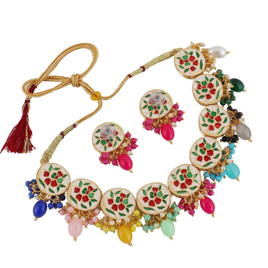 Lucky Jewellery Meenakari 18k Gold Plated Multi Color Earring Combo Uncut Big Faux Kundan Choker Necklace set (1010-J5SK-1816-MT)