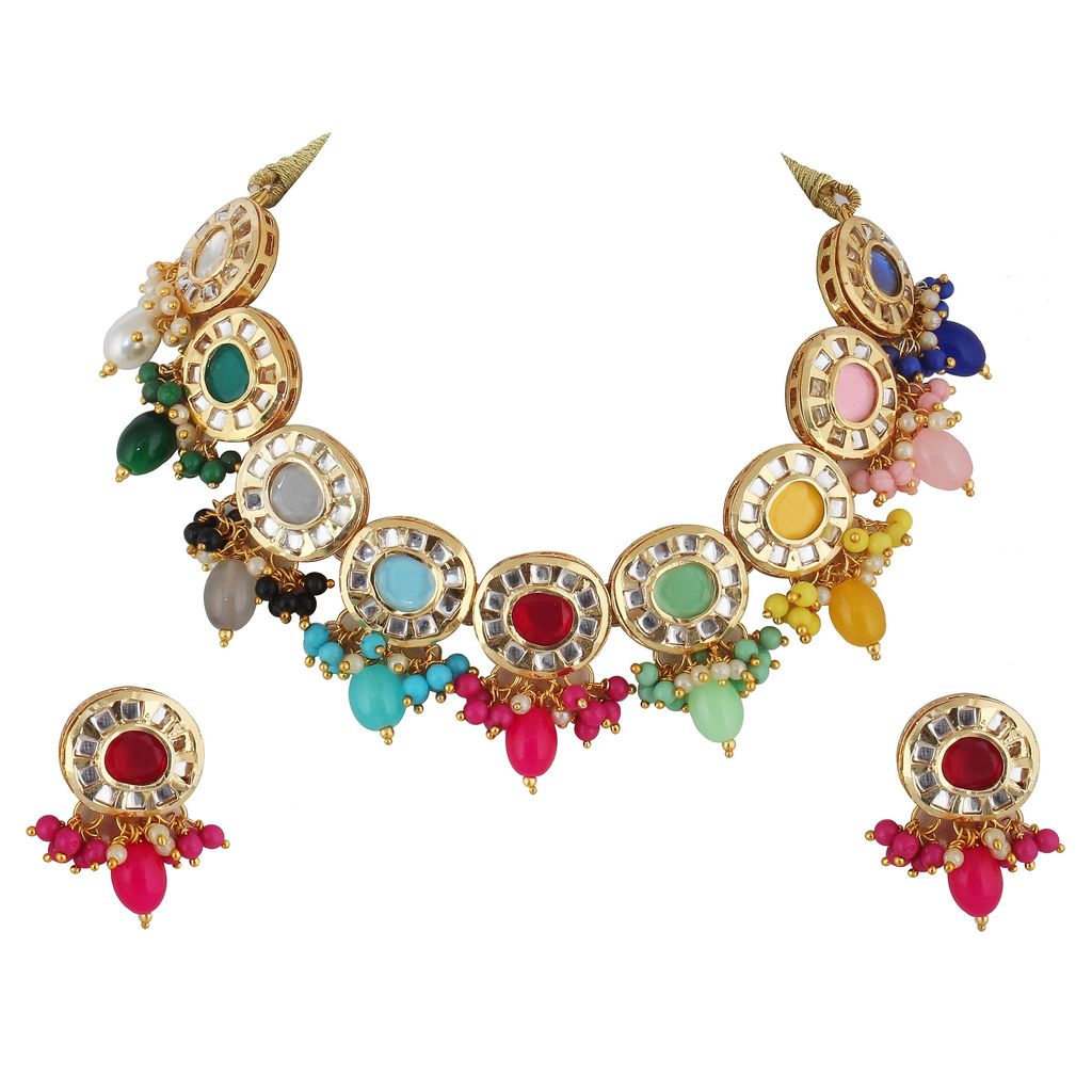 Lucky Jewellery Meenakari 18k Gold Plated Multi Color Earring Combo Uncut Big Faux Kundan Choker Necklace set (1010-J5SK-1816-MT)