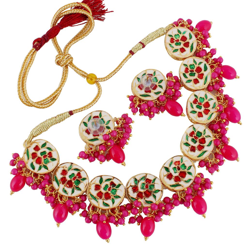 Lucky Jewellery Meenakari 18k Gold Plated Magenta Color Earring Combo Uncut Big Faux Kundan Necklace set (1010-J5SK-1816-R)