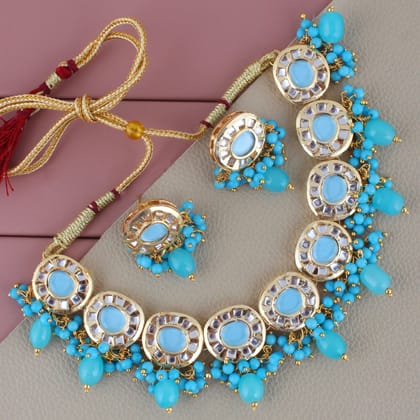 Lucky Jewellery Meenakari 18k Gold Plated Firozi Color  Earring Combo Uncut Big Faux Kundan Choker Necklace set (1010-J5SK-1816-F)