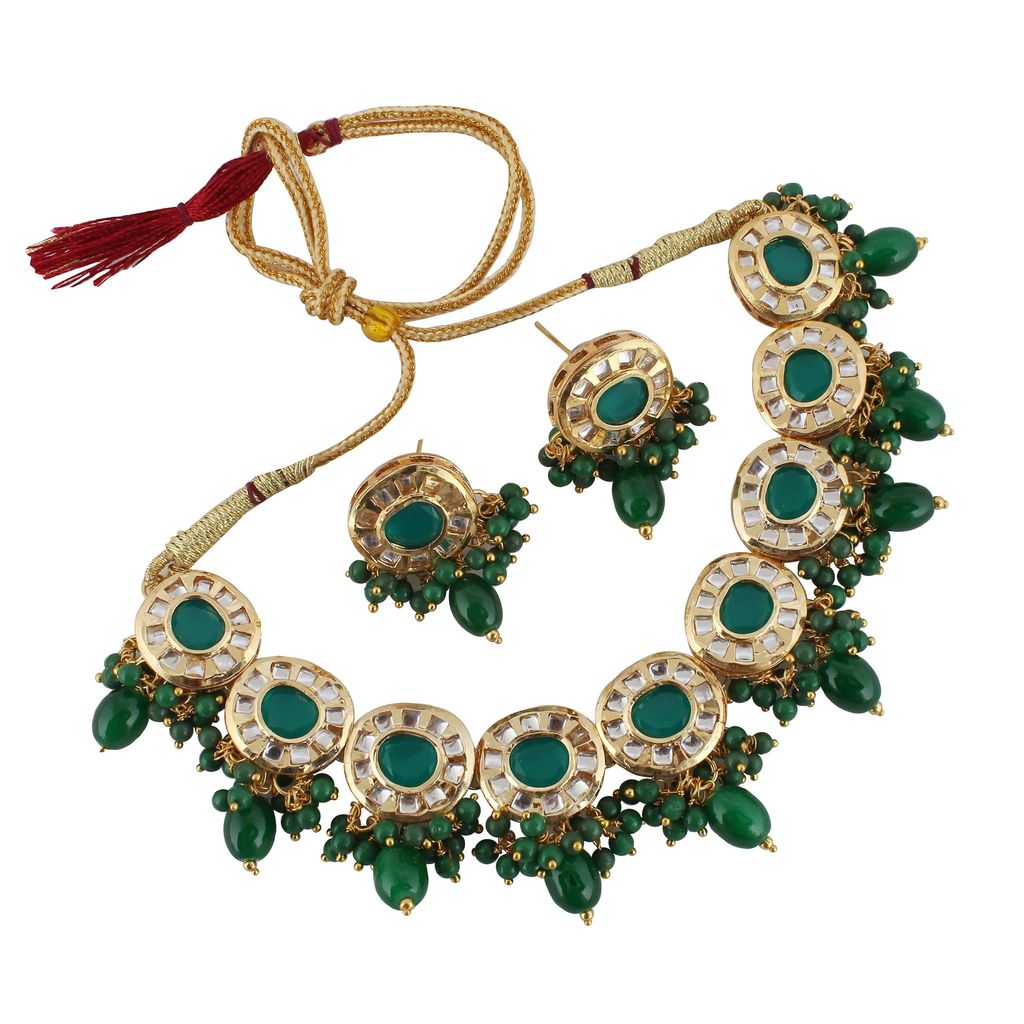 Lucky Jewellery Meenakari 18k Gold Plated Green Color Earring Combo Uncut Big Faux Kundan Choker Necklace set (1010-J5SK-1816-G)
