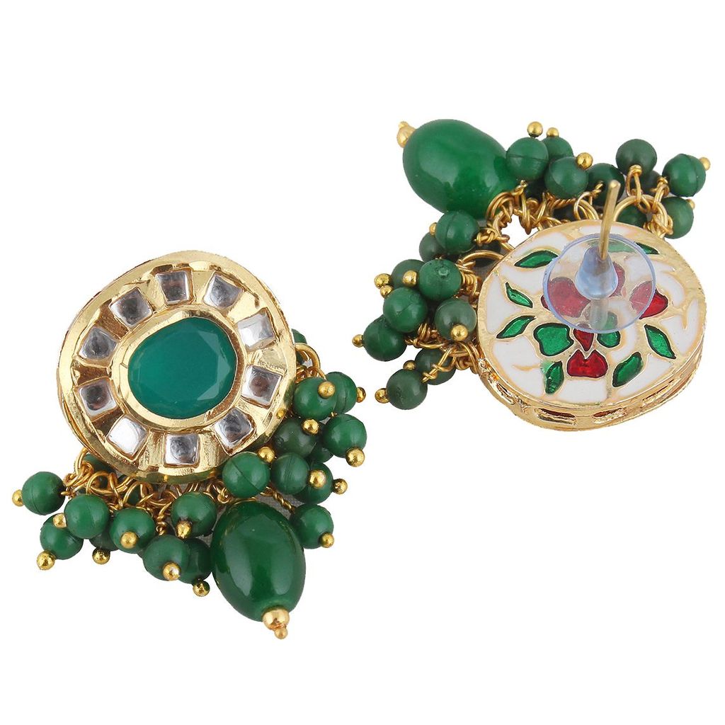 Lucky Jewellery Meenakari 18k Gold Plated Green Color Earring Combo Uncut Big Faux Kundan Choker Necklace set (1010-J5SK-1816-G)