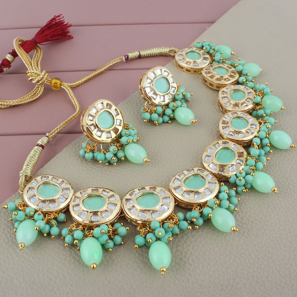 Lucky Jewellery Meenakari 18k Gold Plated Mint Color Earring Combo Uncut Big Faux Kundan Choker Necklace set (1010-J5SK-1816-MNT)