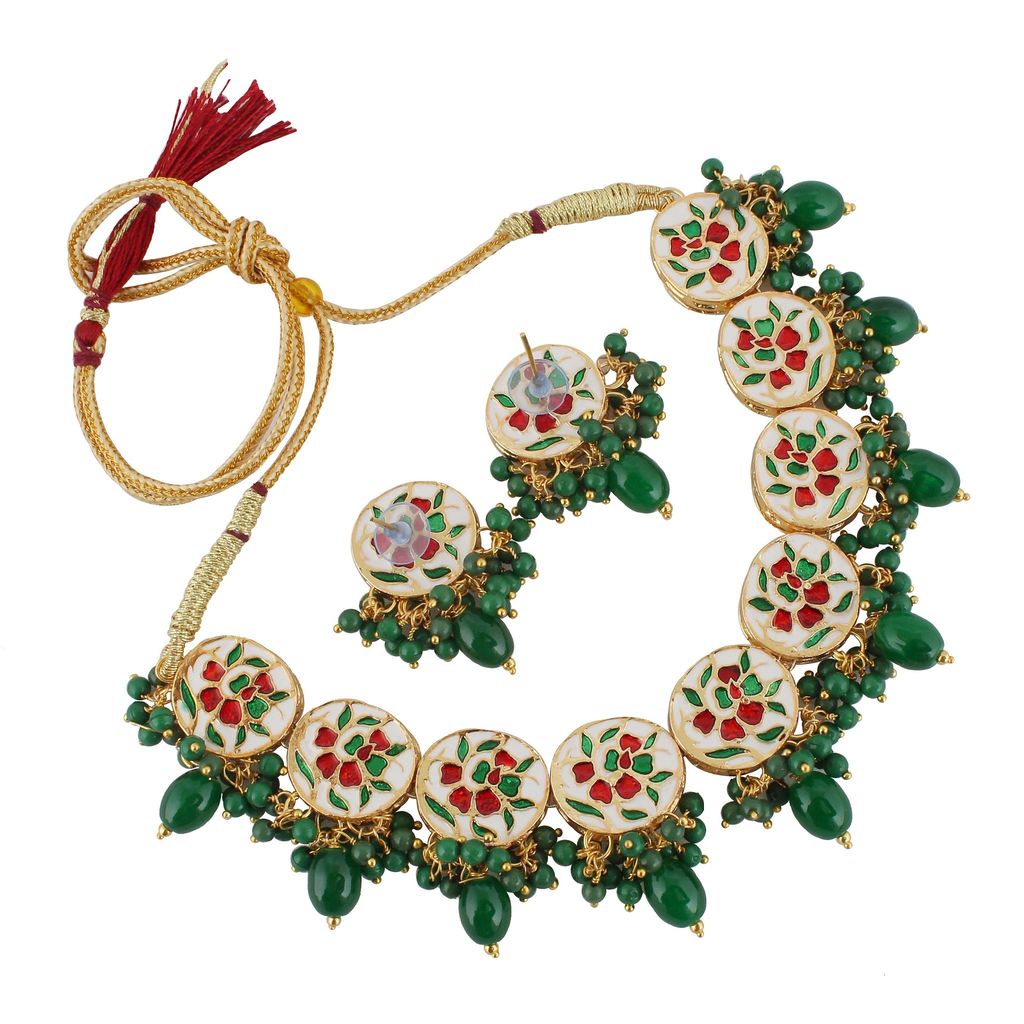 Lucky Jewellery Meenakari 18k Gold Plated Green Color Earring Combo Uncut Big Faux Kundan Choker Necklace set (1010-J5SK-1816-G)