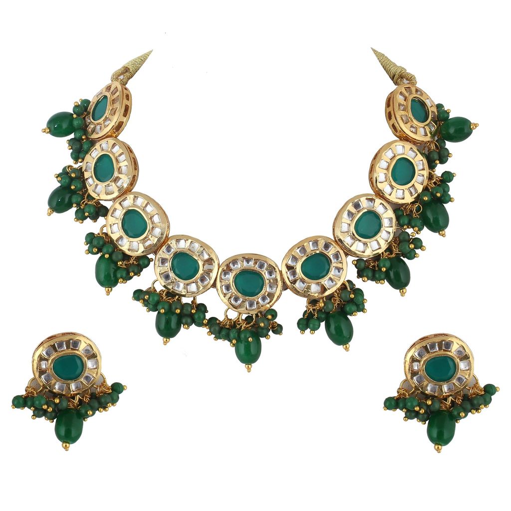 Lucky Jewellery Meenakari 18k Gold Plated Green Color Earring Combo Uncut Big Faux Kundan Choker Necklace set (1010-J5SK-1816-G)