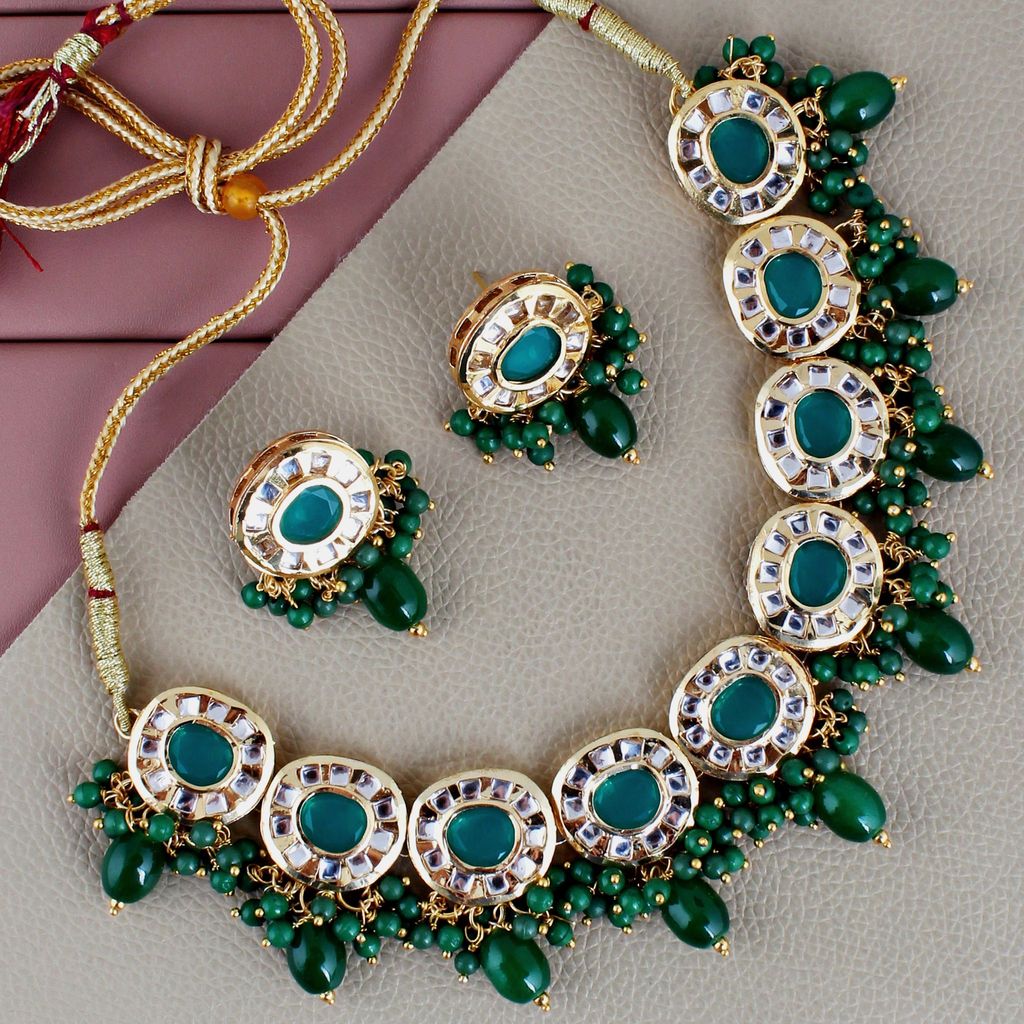 Lucky Jewellery Meenakari 18k Gold Plated Green Color Earring Combo Uncut Big Faux Kundan Choker Necklace set (1010-J5SK-1816-G)