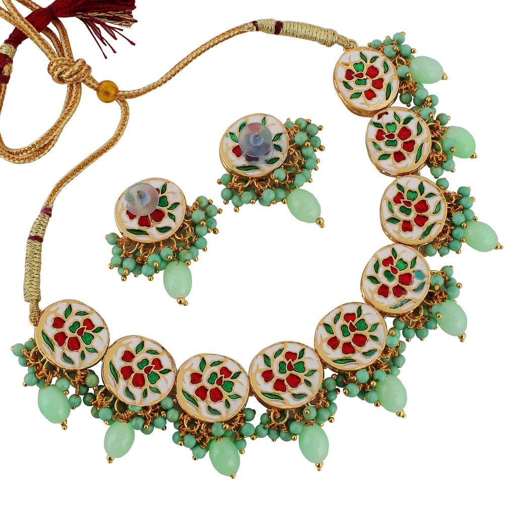 Lucky Jewellery Meenakari 18k Gold Plated Mint Color Earring Combo Uncut Big Faux Kundan Choker Necklace set (1010-J5SK-1816-MNT)