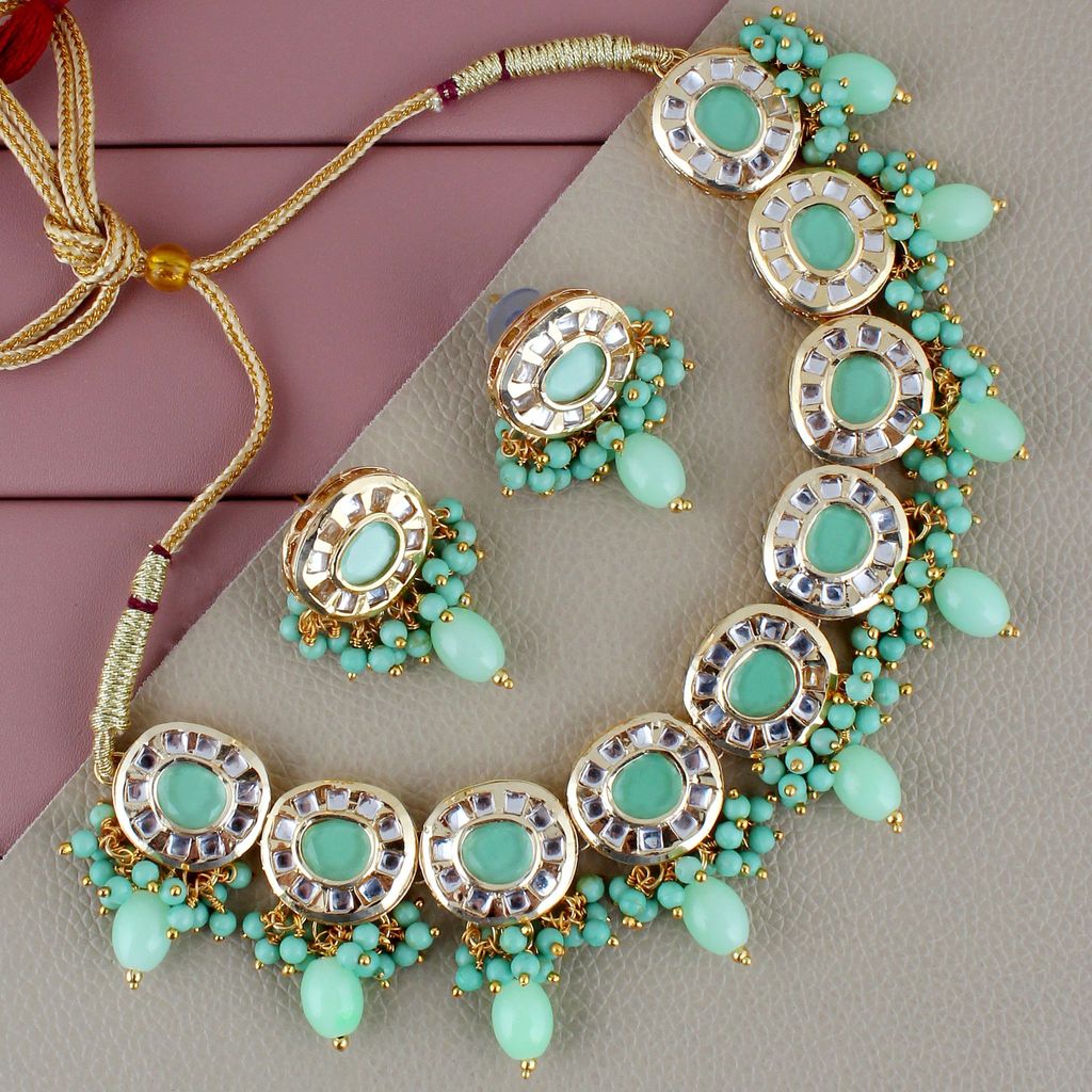 Lucky Jewellery Meenakari 18k Gold Plated Mint Color Earring Combo Uncut Big Faux Kundan Choker Necklace set (1010-J5SK-1816-MNT)