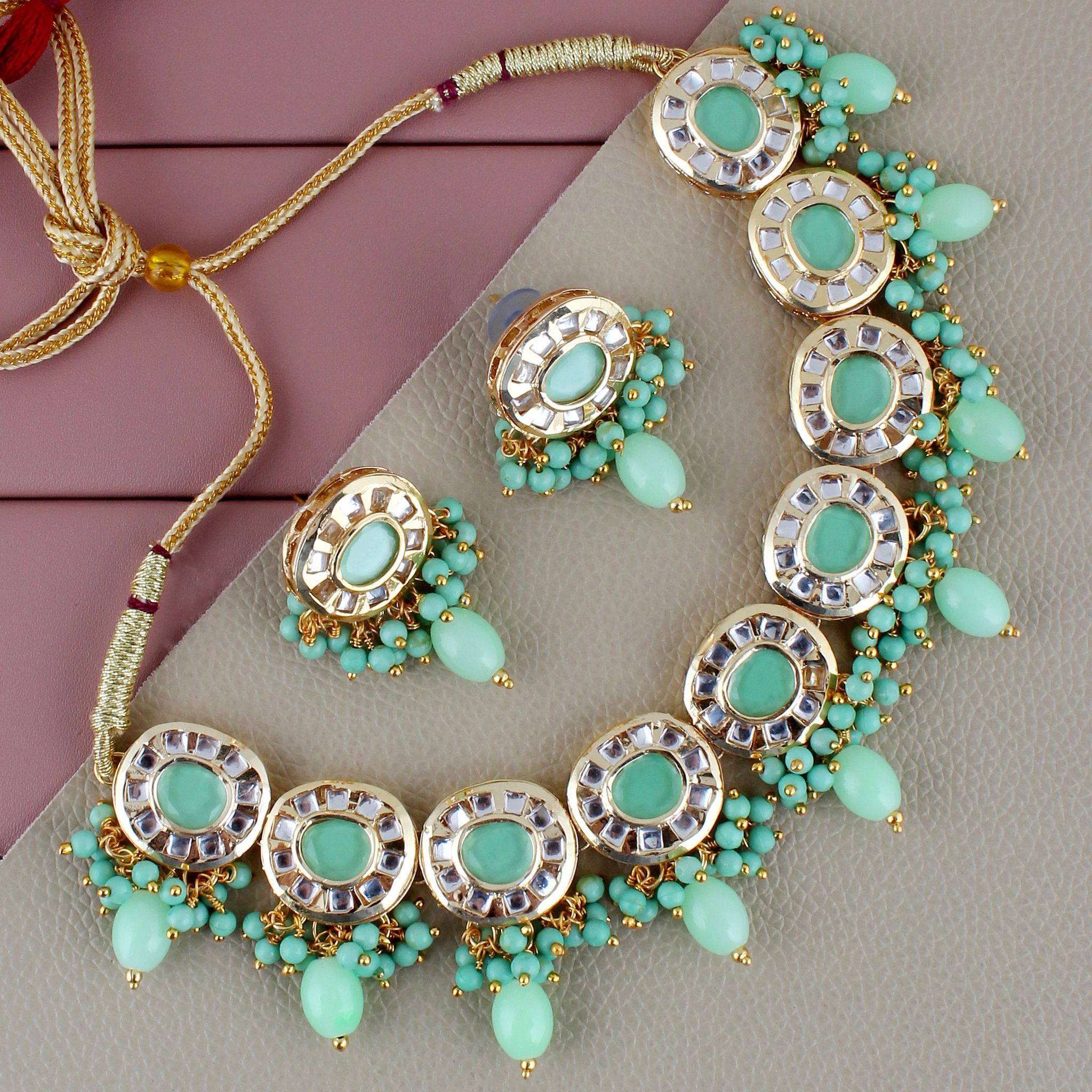 Lucky Jewellery Meenakari 18k Gold Plated Mint Color  Earring Combo Uncut Big Faux Kundan Choker Necklace set (1010-J5SK-1816-MNT)