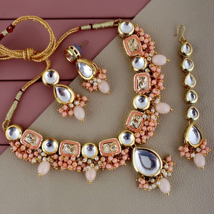 Lucky Jewellery Meenakari 18k Gold Plated Peach Color Tika Earring Combo Uncut Big Faux Kundan Choker Necklace set (911-J5SK-1817-PH)