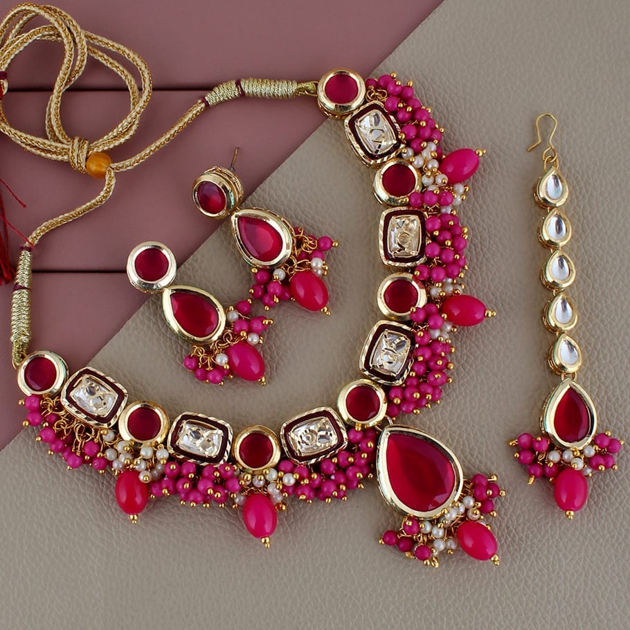 Lucky Jewellery Meenakari 18k Gold Plated Magenta Color Tika Earring Combo Uncut Big Faux Kundan Necklace set (911-J5SK-1817-R) - Jewellery Sets | Buy online on ZillyBuy