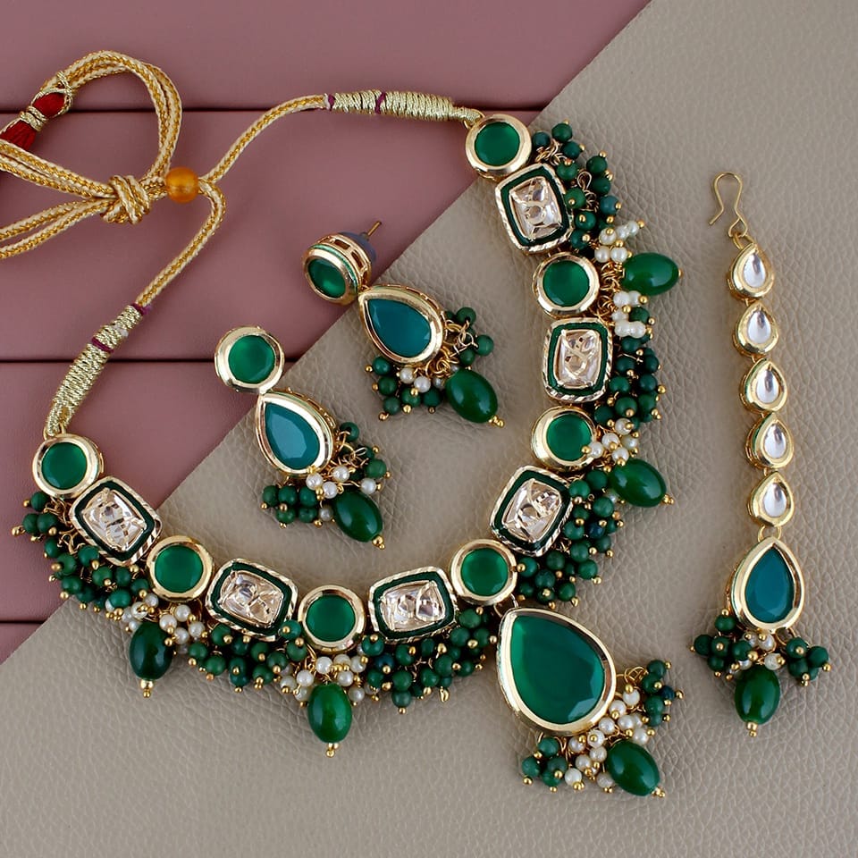Lucky Jewellery Meenakari 18k Gold Plated Green Color Tika Earring Combo Uncut Big Faux Kundan Choker Necklace set (911-J5SK-1817-G)