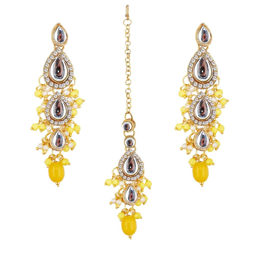 Lucky Jewellery Gold Plated White Yellow Color Tika Earring Necklace Combo Kundan Jewellery Set (726-MSK-3-LINE-Y)