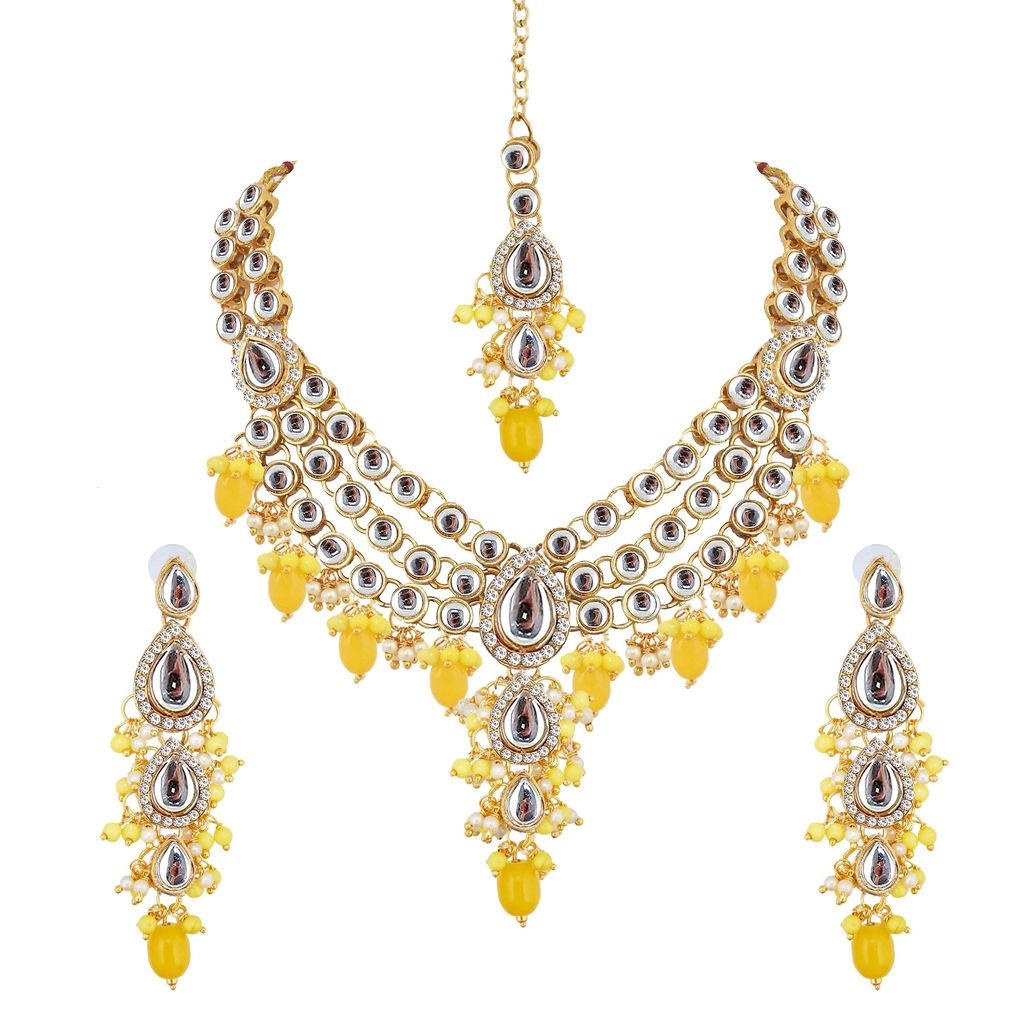 Lucky Jewellery Gold Plated White Yellow Color Tika Earring Necklace Combo Kundan Jewellery Set (726-MSK-3-LINE-Y)