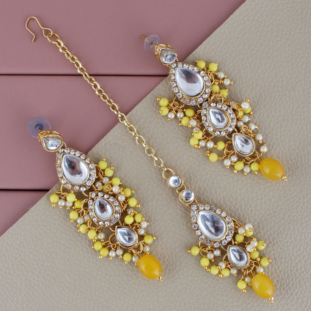 Lucky Jewellery Gold Plated White Yellow Color Tika Earring Necklace Combo Kundan Jewellery Set (726-MSK-3-LINE-Y)