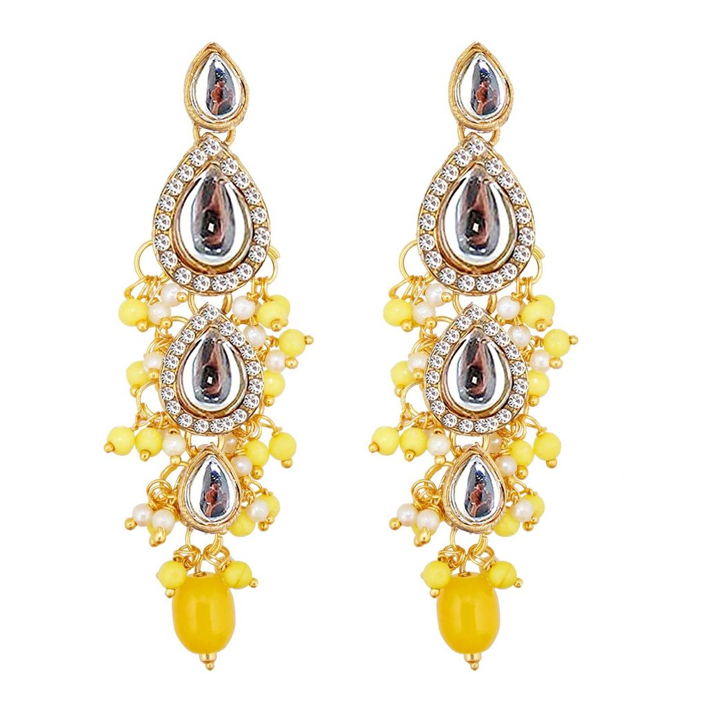 Lucky Jewellery Gold Plated White Yellow Color Tika Earring Necklace Combo Kundan Jewellery Set (726-MSK-3-LINE-Y)